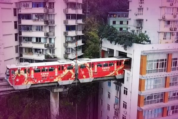 Train in sleeping distance ( China train route inside building )